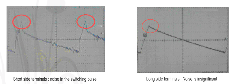 4| Noise comparison of transition switching pulses when using short side and long side terminals on the
current sensing resistor