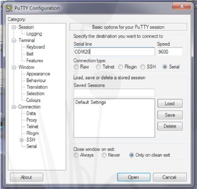 3| Configuring PuTTY to connect to development
kit via USB